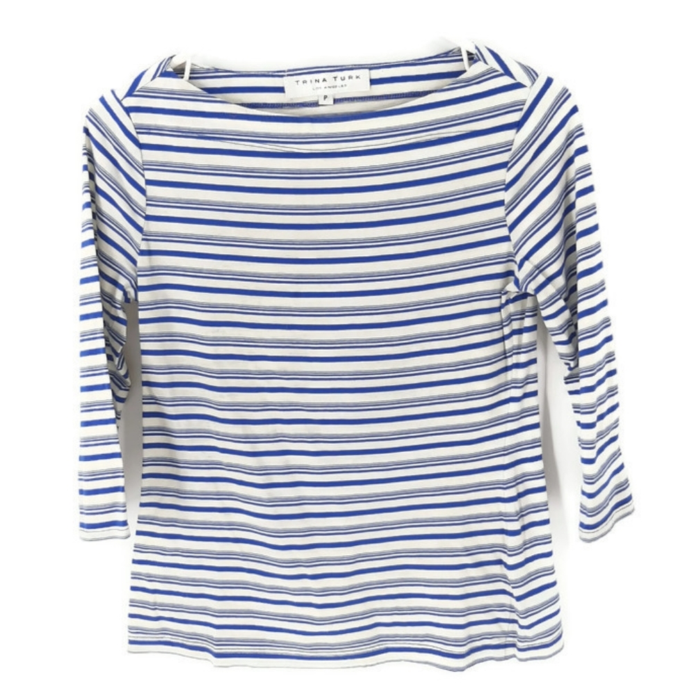 Trina Turk | Blue & White striped 3/4 sleeve top